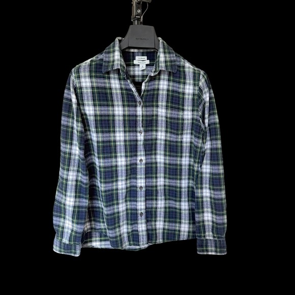 L.L.Bean Tops - LL Bean Relaxed Fit Flannel Shirt Womens Med Green Navy Plaid Cotton 273137